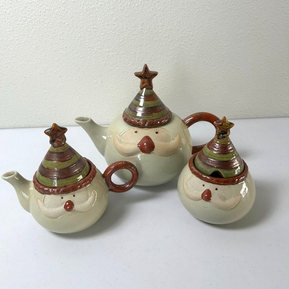 Santa Teapot Sugar Creamer Set with Lids Bowl Holiday Christmas Decor